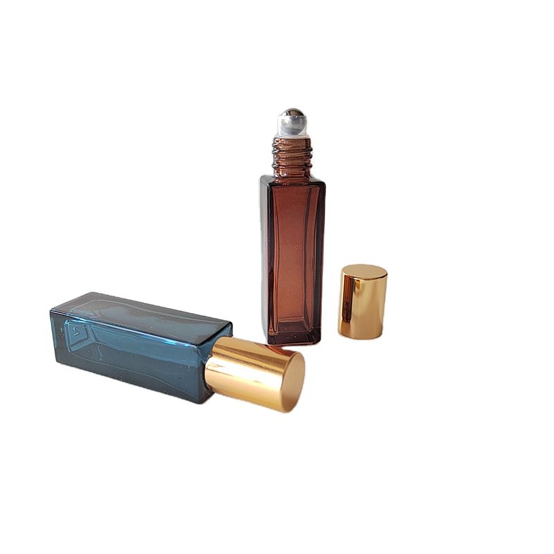 Perfumes roll on bottle 10ml amber blue square glass bottle with steel roller shiny gold cap cosmetic packaging bottle for oils