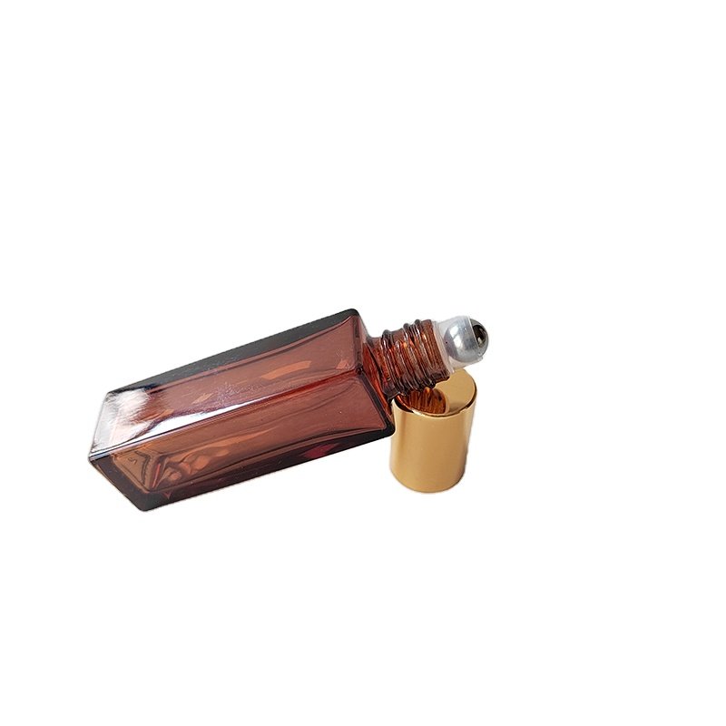 Perfumes roll on bottle 10ml amber blue square glass bottle with steel roller shiny gold cap cosmetic packaging bottle for oils