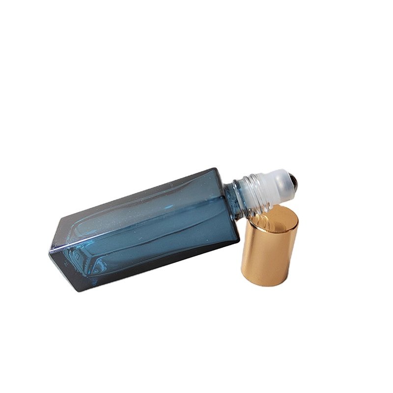 Perfumes roll on bottle 10ml amber blue square glass bottle with steel roller shiny gold cap cosmetic packaging bottle for oils
