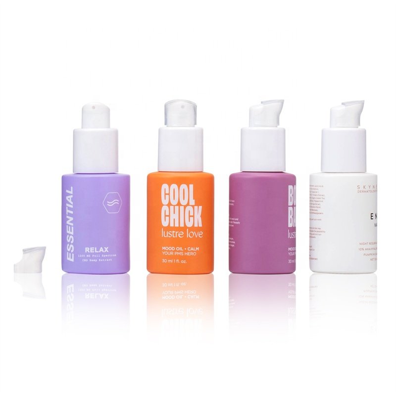 wholesale custom logo pastel color pink blue 30ml glass serum bottle with white pump colorful pump glass bottle 30ml