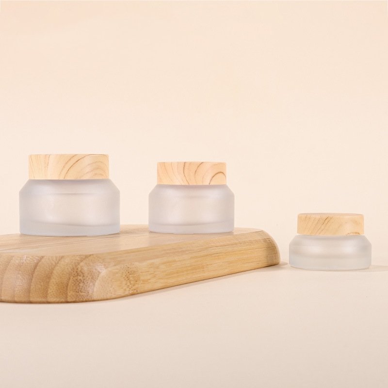 Cosmetic Bottle Mask Jar 15g 30g 50g transparent matte Oblique Shoulder Cream Glass jar with wood grain lid eye cream bottle