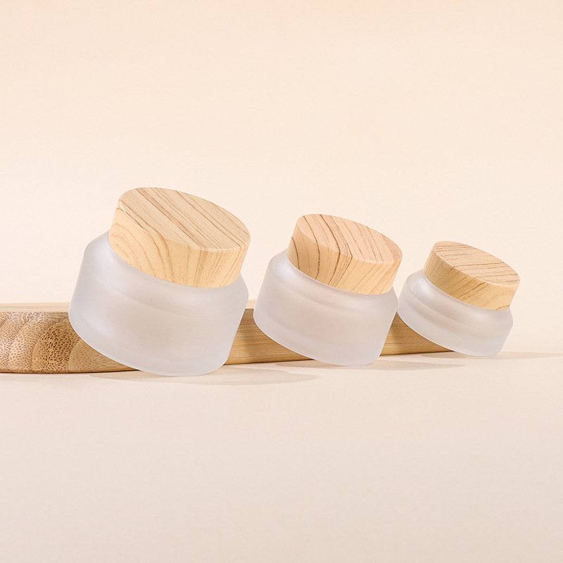 Cosmetic Bottle Mask Jar 15g 30g 50g transparent matte Oblique Shoulder Cream Glass jar with wood grain lid eye cream bottle