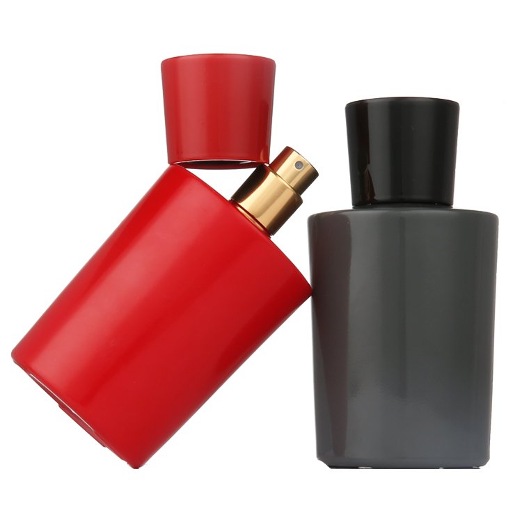 Hot selling 100ml luxury round black red female cosmetic glass bottle perfume for sale