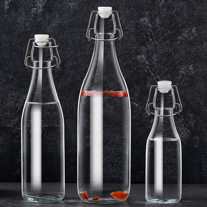 Custom Transparent Round Empty Glass bottles For Liquor Bottle Wine Sparkling With clip rubber Lid customize food grade bottle