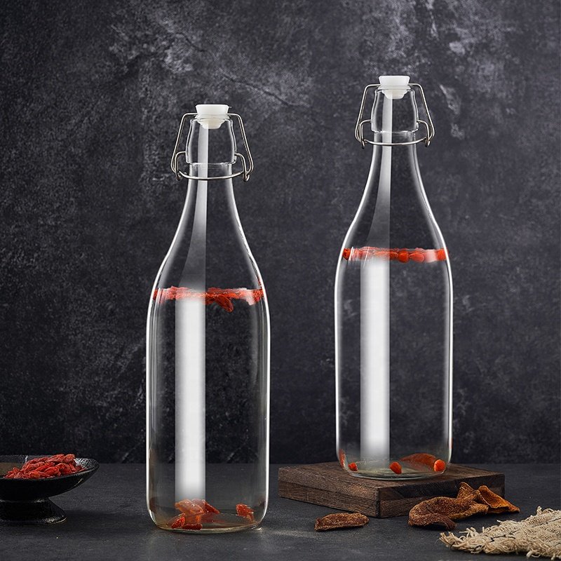 Custom Transparent Round Empty Glass bottles For Liquor Bottle Wine Sparkling With clip rubber Lid customize food grade bottle