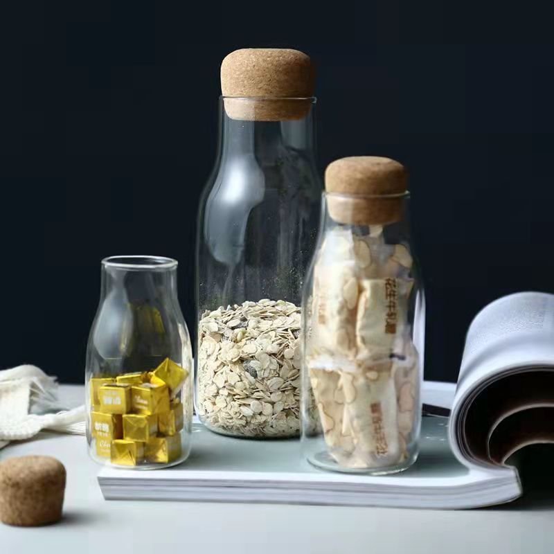 High Quality 150ml 300ml 600ml 800ml Transparent Glass Food Storage Bottle With Cork Lid