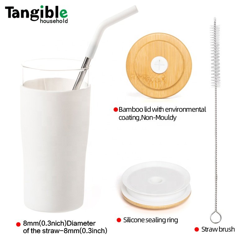 2023 new design custom 600ml glass tumbler juice glass cup with bamboo lid and straw