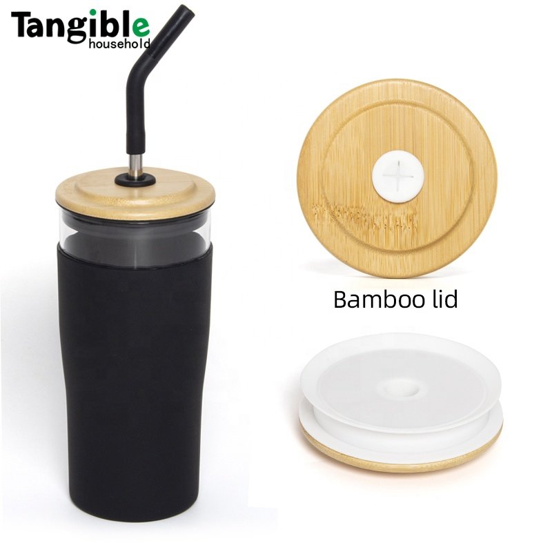 2023 new design custom 600ml glass tumbler juice glass cup with bamboo lid and straw