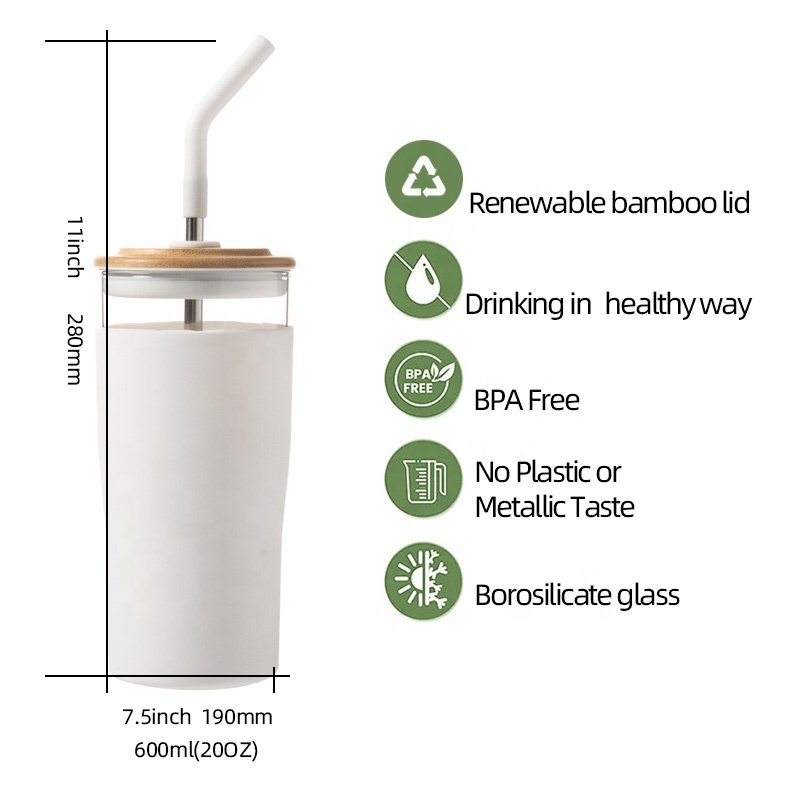 2023 new design custom 600ml glass tumbler juice glass cup with bamboo lid and straw