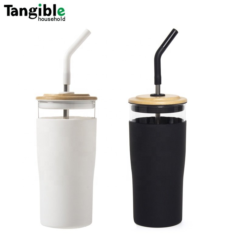 2023 new design custom 600ml glass tumbler juice glass cup with bamboo lid and straw