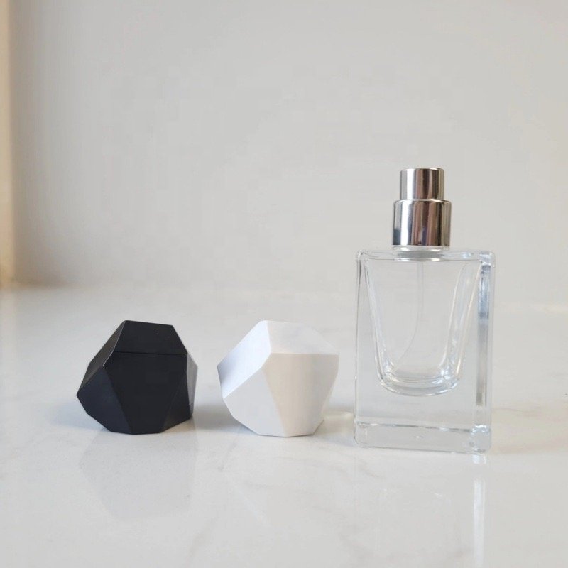 stock 30ml 50ml empty luxury square design perfume glass bottle with polygon cap