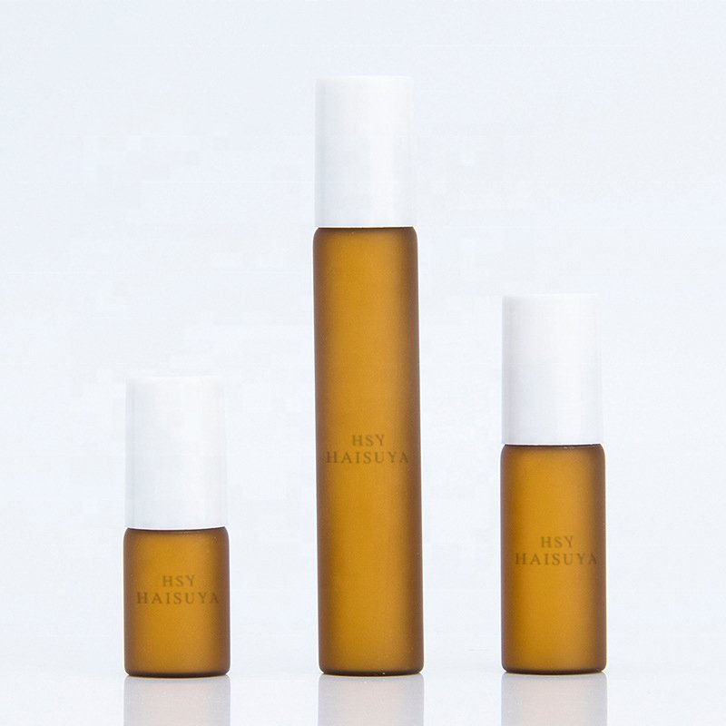Hot sale Sample Fancy 5ml 10ml 15ml Amber Frosted Glass Roll On Hair Perfume Oil Roller Ball Bottles With Gold Aluminum Cap
