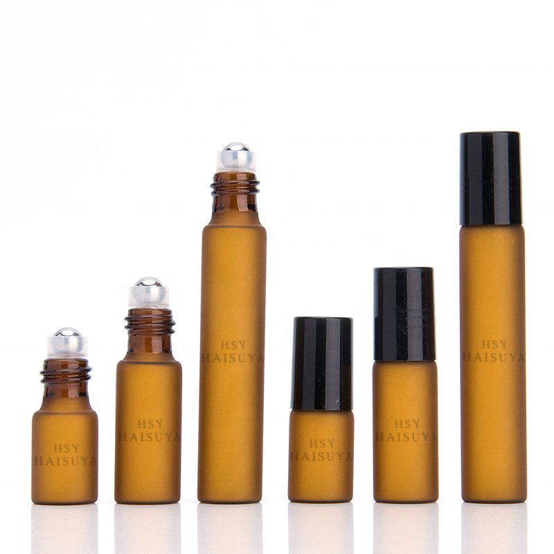 Hot sale Sample Fancy 5ml 10ml 15ml Amber Frosted Glass Roll On Hair Perfume Oil Roller Ball Bottles With Gold Aluminum Cap