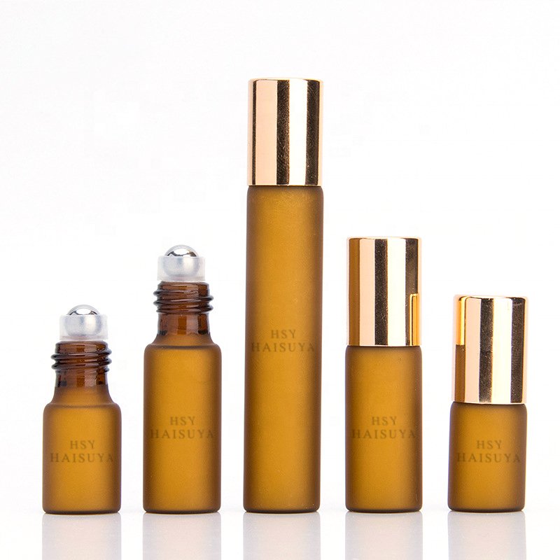 Hot sale Sample Fancy 5ml 10ml 15ml Amber Frosted Glass Roll On Hair Perfume Oil Roller Ball Bottles With Gold Aluminum Cap