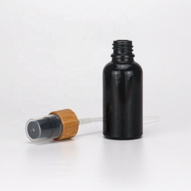 30ml black glass bottles 1 oz UV glass cosmetic bottles serum pump bottle with bamboo pump for cosmetic