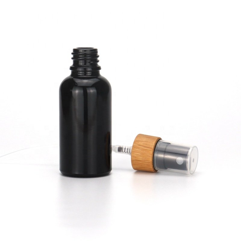 30ml black glass bottles 1 oz UV glass cosmetic bottles serum pump bottle with bamboo pump for cosmetic