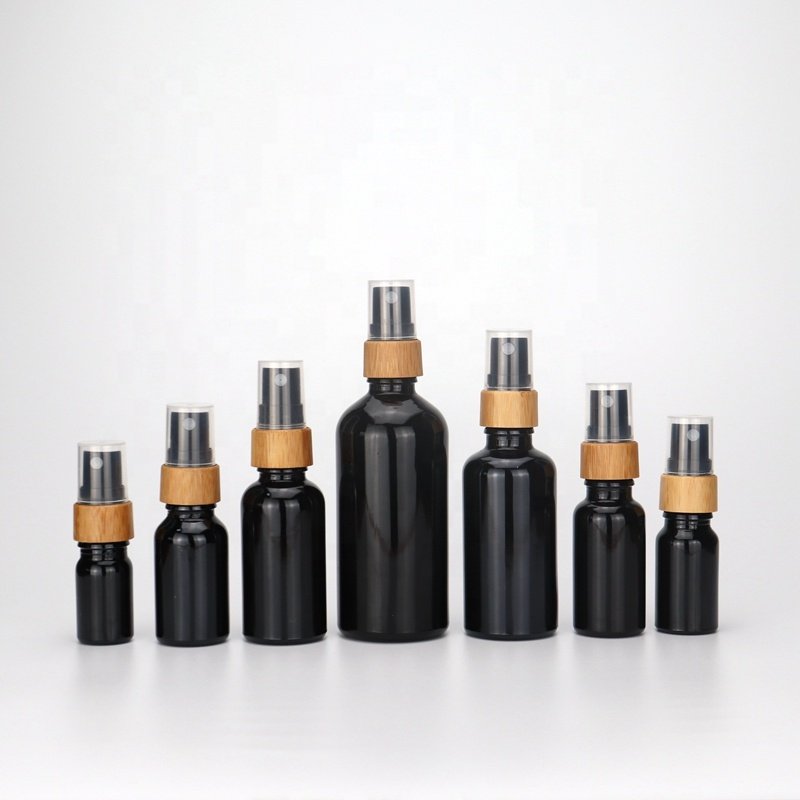 30ml black glass bottles 1 oz UV glass cosmetic bottles serum pump bottle with bamboo pump for cosmetic