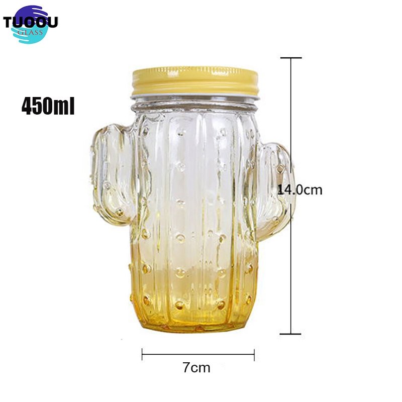 In Stock Wholesale Cactus Shaped Color Printing Fruit Juice Mason Jar Handle 16oz Drinking Glass Bottle Cup With Lids And Straw