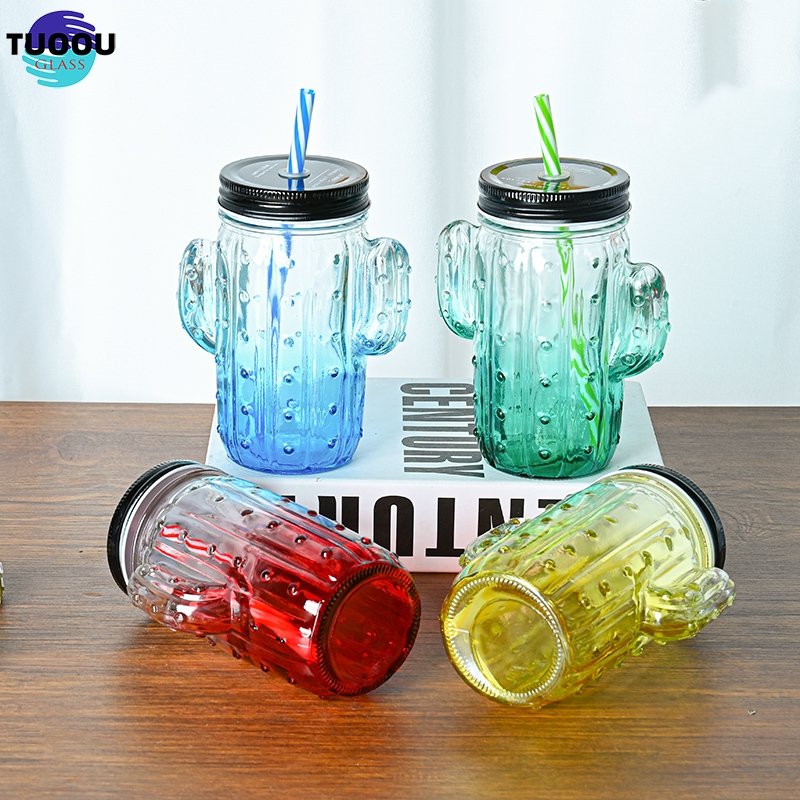 In Stock Wholesale Cactus Shaped Color Printing Fruit Juice Mason Jar Handle 16oz Drinking Glass Bottle Cup With Lids And Straw