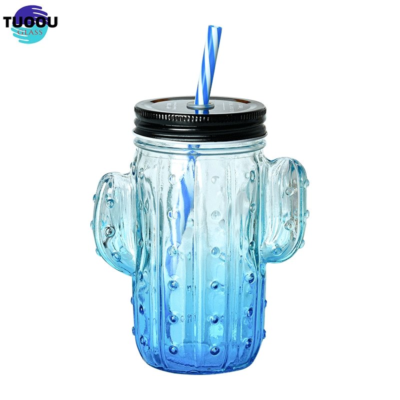 In Stock Wholesale Cactus Shaped Color Printing Fruit Juice Mason Jar Handle 16oz Drinking Glass Bottle Cup With Lids And Straw