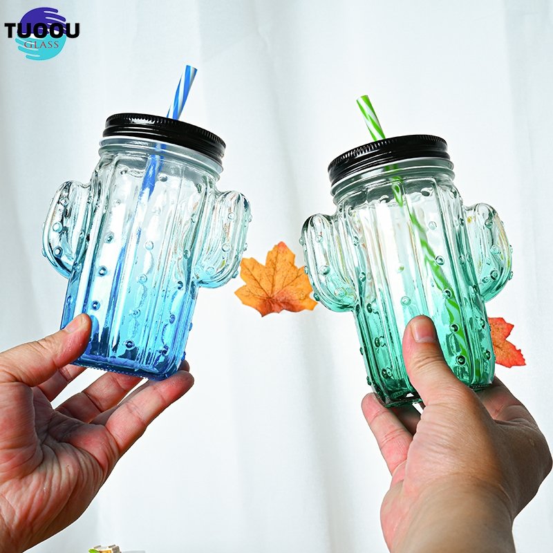 In Stock Wholesale Cactus Shaped Color Printing Fruit Juice Mason Jar Handle 16oz Drinking Glass Bottle Cup With Lids And Straw
