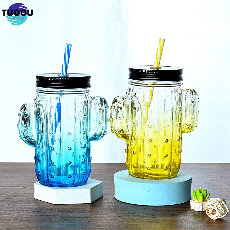 In Stock Wholesale Cactus Shaped Color Printing Fruit Juice Mason Jar Handle 16oz Drinking Glass Bottle Cup With Lids And Straw