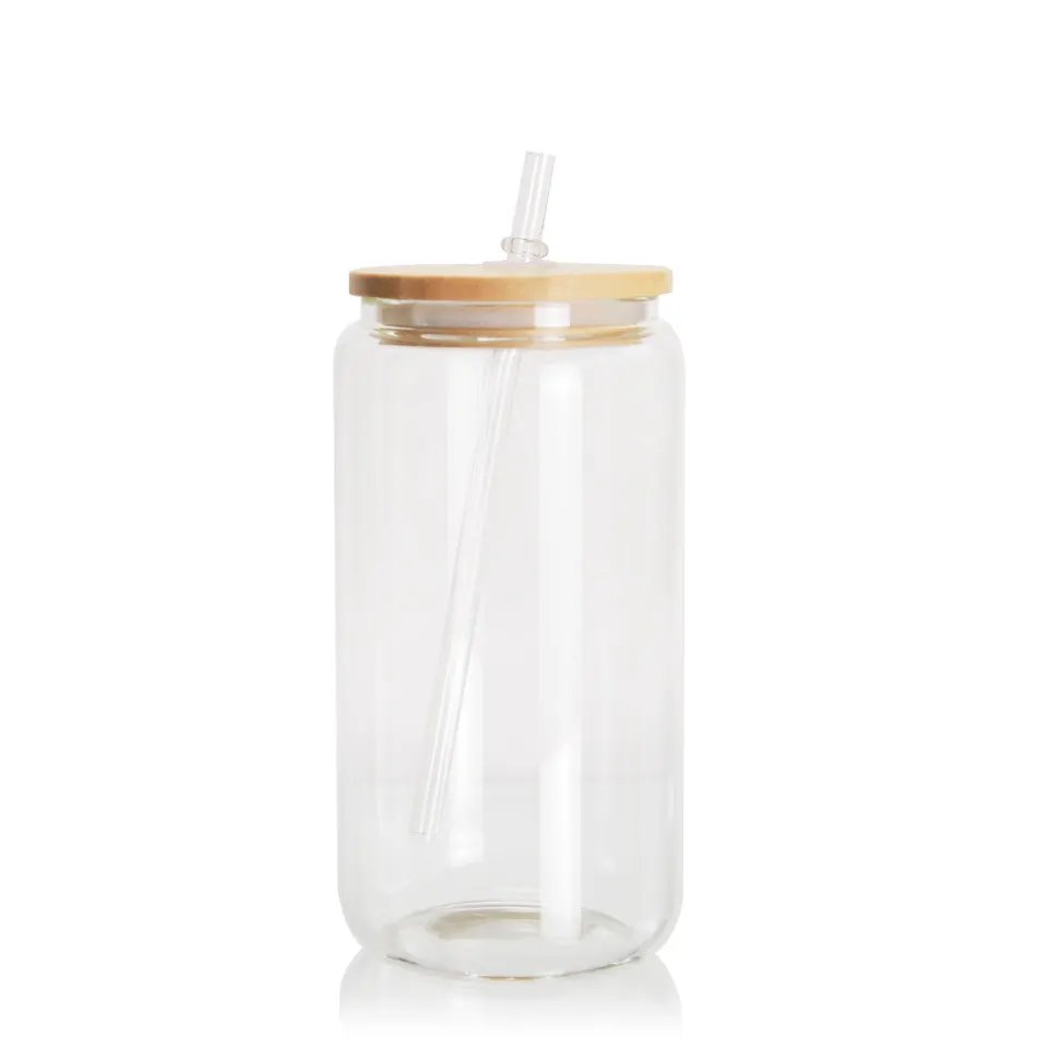 New Design Sublimation Blank Transparent Glass Bottle Glass Cola Can Tumbler With Bamboo lid and Straw