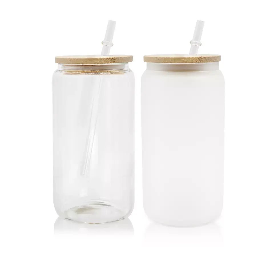 New Design Sublimation Blank Transparent Glass Bottle Glass Cola Can Tumbler With Bamboo lid and Straw