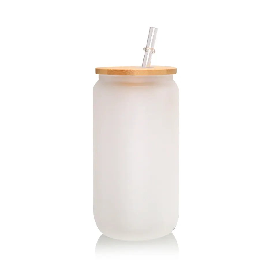 New Design Sublimation Blank Transparent Glass Bottle Glass Cola Can Tumbler With Bamboo lid and Straw