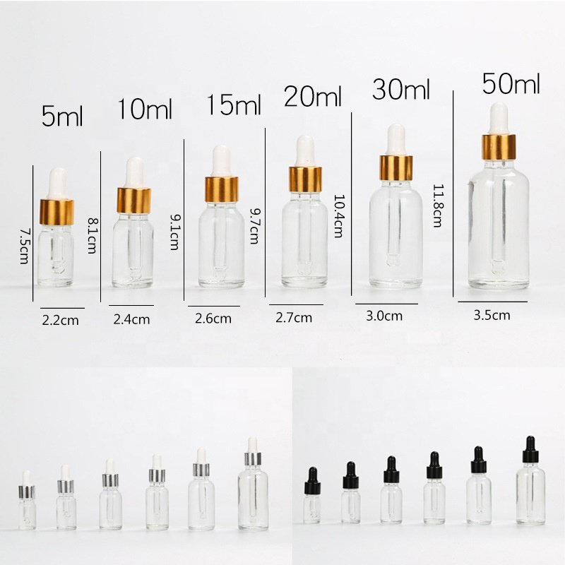 Essential Oil Bottle Cosmetic Glass with Gold Dropper 5ml-100ml Sizes Clear & Black with Paint Surface Handling Screen Printing