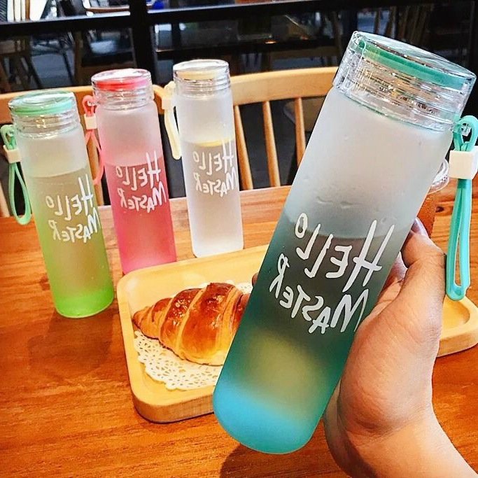 Wholesale Custom Letter Glass Water Cup Colorful Frosted Cheap Glass Drinking Bottle With Lid