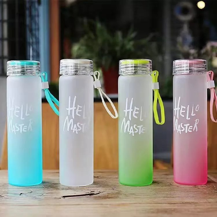 Wholesale Custom Letter Glass Water Cup Colorful Frosted Cheap Glass Drinking Bottle With Lid