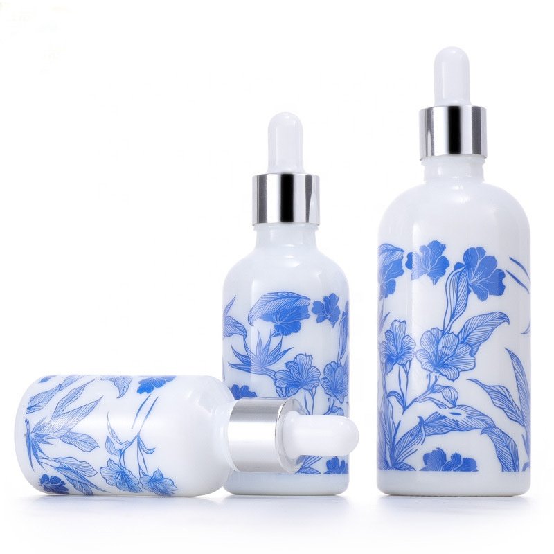 decal opal glass bottle 100 ml 50 ml 30 ml 15 ml 10 ml white glass cosmetic bottle silver aluminum dropper for essential oil