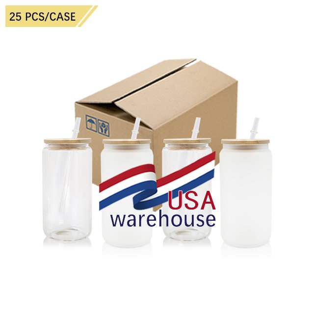 Hot 16oz Clear/Frosted Tumbler Blanks Sublimation Glass Jar Can Cups Water Bottle with bamboo lid Suitable for UV TDF Wraps