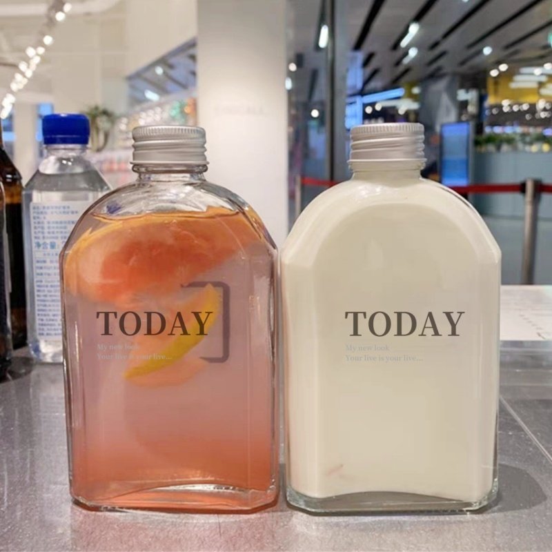 Glass Bottles Flat flask shape with aluminum cap for iced cold brew coffee 350ml 500ml