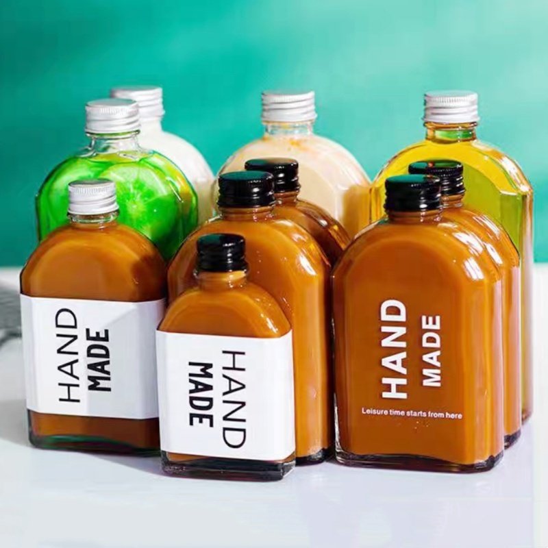 Glass Bottles Flat flask shape with aluminum cap for iced cold brew coffee 350ml 500ml