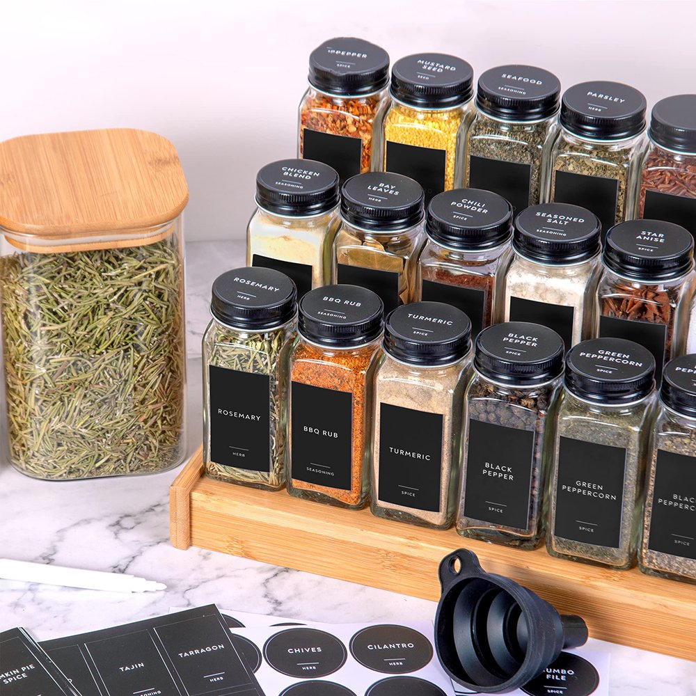 Canister Wood Lid Spice Jars Herb and Spice Containers Seasoning Bottles 4 Oz Square Glass Spice Jars with Wooden Bamboo Lid Set