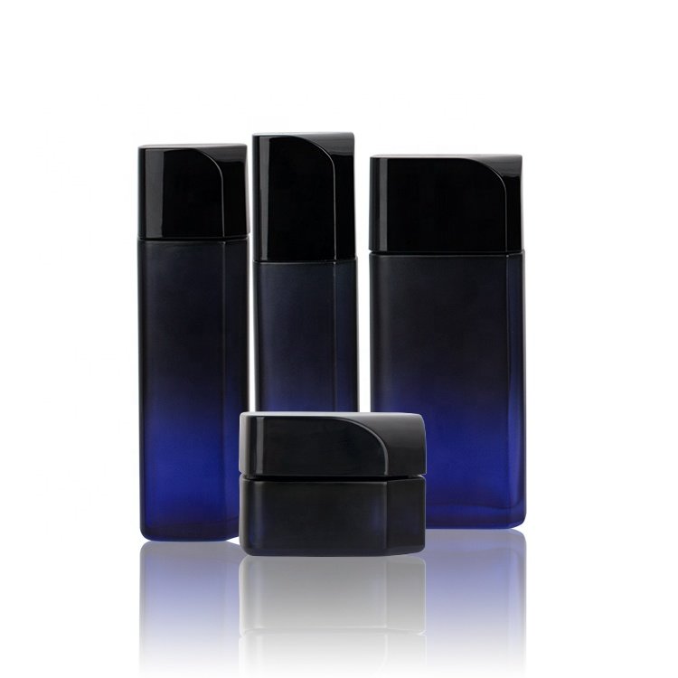 empty cosmetic jars vintage design gradient dark black and dark blue glass bottles 50g 100ml 120ml 130ml square cosmetic bottle