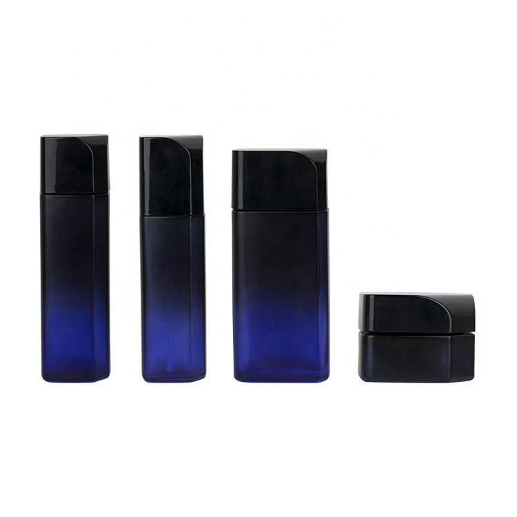 empty cosmetic jars vintage design gradient dark black and dark blue glass bottles 50g 100ml 120ml 130ml square cosmetic bottle