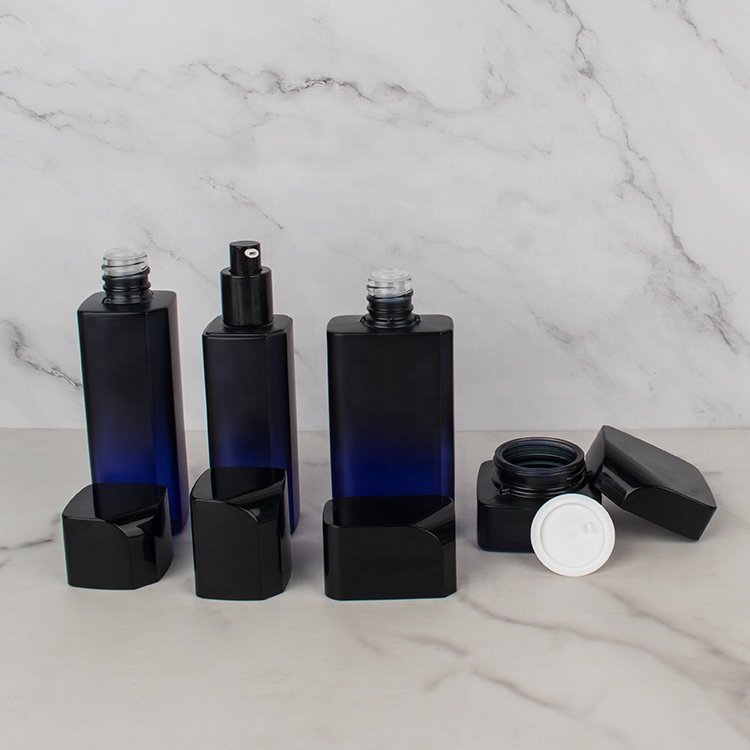 empty cosmetic jars vintage design gradient dark black and dark blue glass bottles 50g 100ml 120ml 130ml square cosmetic bottle