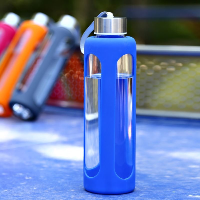 Wide mouth glass water bottle customized printed water glass bottle 1L with plastic cover
