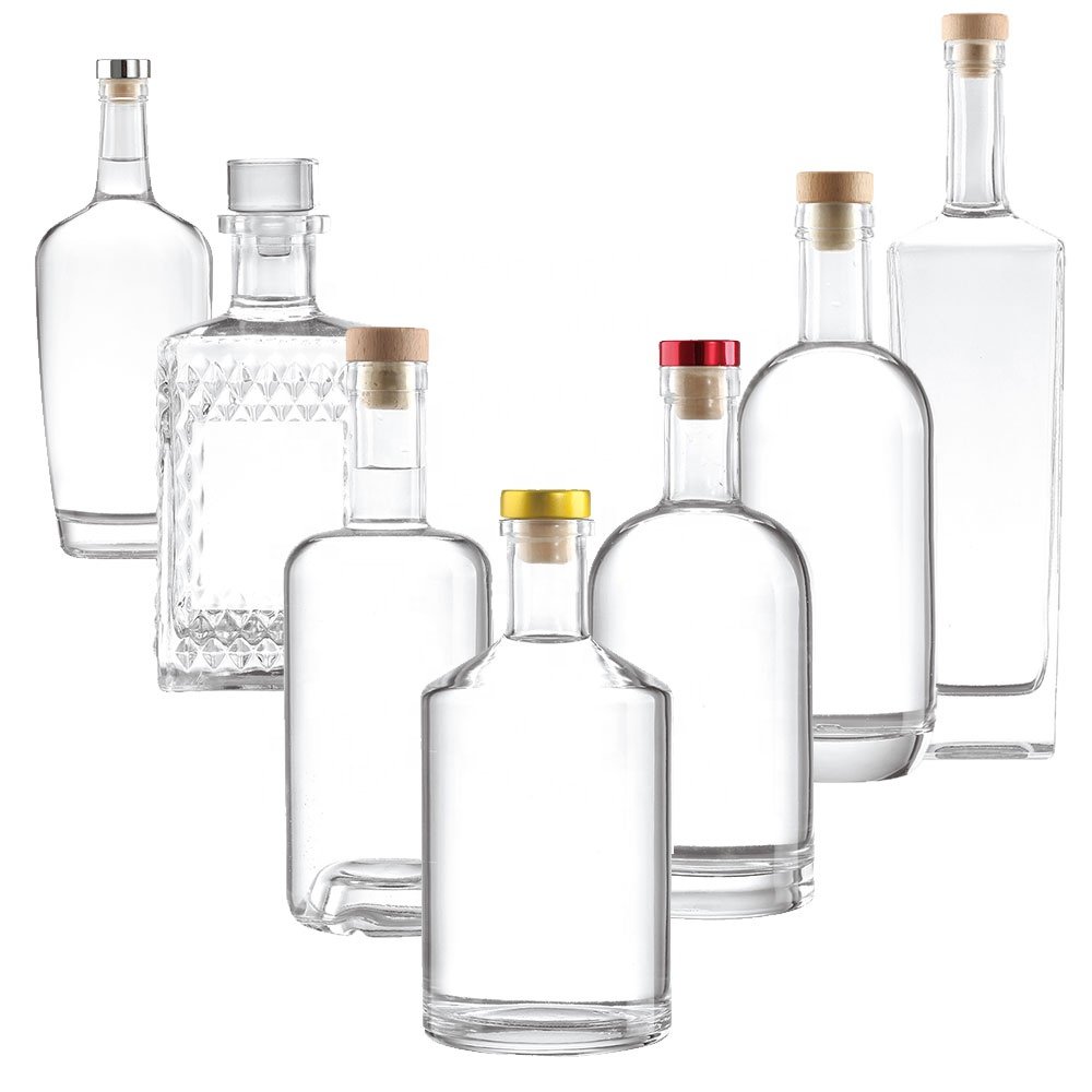 High Quality Sealed Cork Lid 200ml 375ml 500ml 750ml Clear Round Empty Flint Glass Liquor Wine Whisky Vodka Tequila Bottle