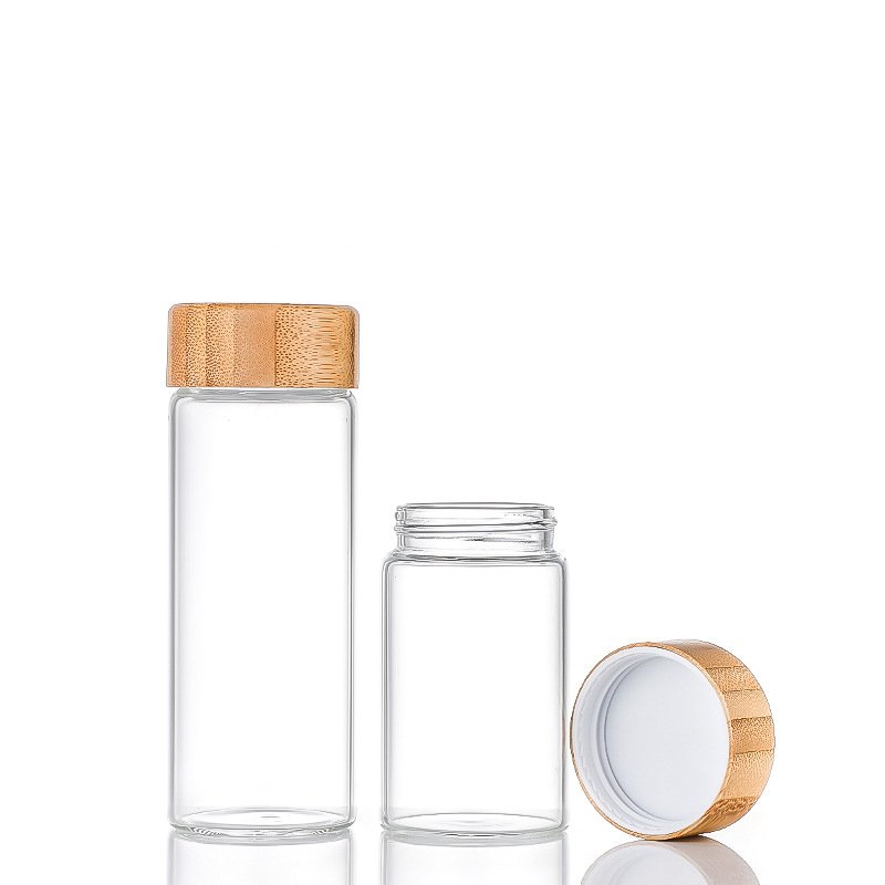 Wholesale Bamboo Lid Food Storage Container 50ml 60ml 80ml 90ml 100ml 150ml 200ml Clear Wide Mouth Glass Bottles