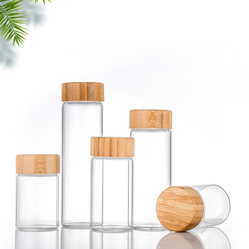Wholesale Bamboo Lid Food Storage Container 50ml 60ml 80ml 90ml 100ml 150ml 200ml Clear Wide Mouth Glass Bottles