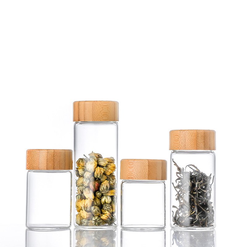 Wholesale Bamboo Lid Food Storage Container 50ml 60ml 80ml 90ml 100ml 150ml 200ml Clear Wide Mouth Glass Bottles