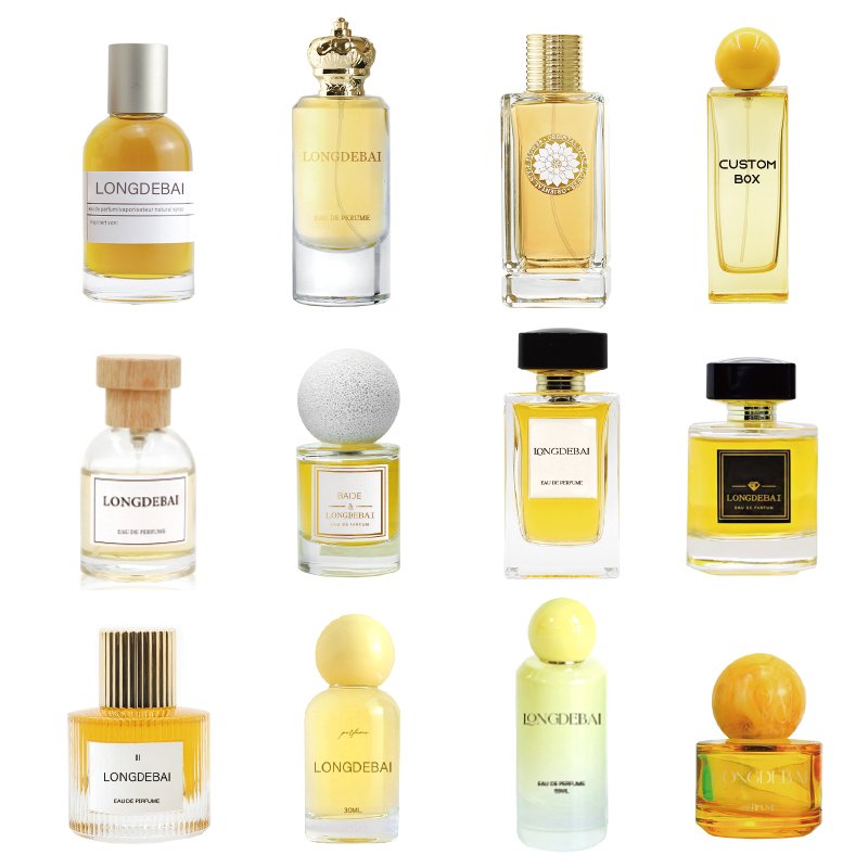 Wholesale custom spray glass bottle crimp round 30ml 50ml perfume glass bottle sets 100ml with gold cap and packaging