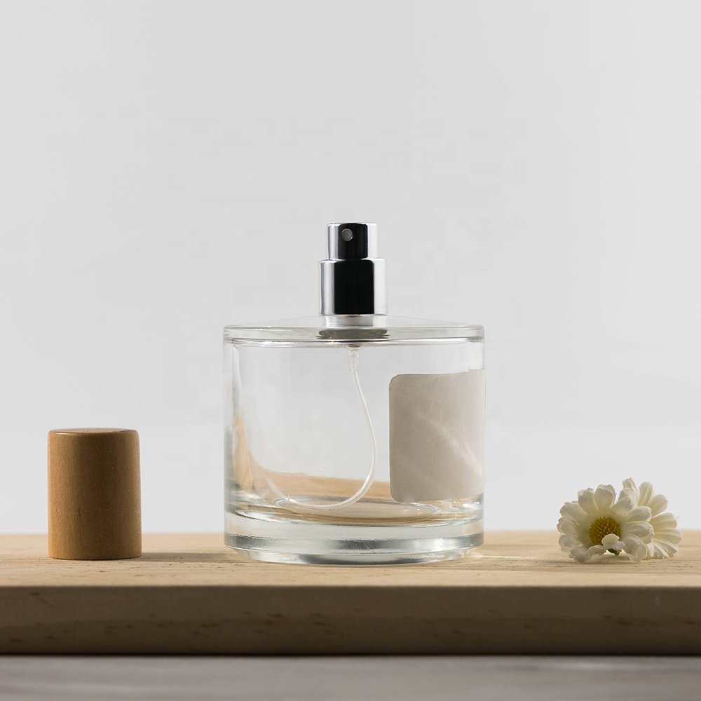 Wholesale 50ml 100ml Empty Perfume Glass Bottles Round Clear Refillable Perfume Bottle With Wooden Lid Perfume Fragrance Packing