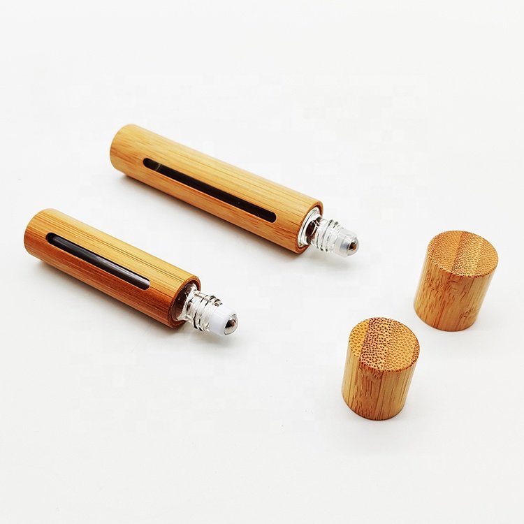 Portable Fancy Glass Essential Oil Bottle with Bamboo Cover Roll On Glass Bottles Eye Cream Glass Bottle with Brush