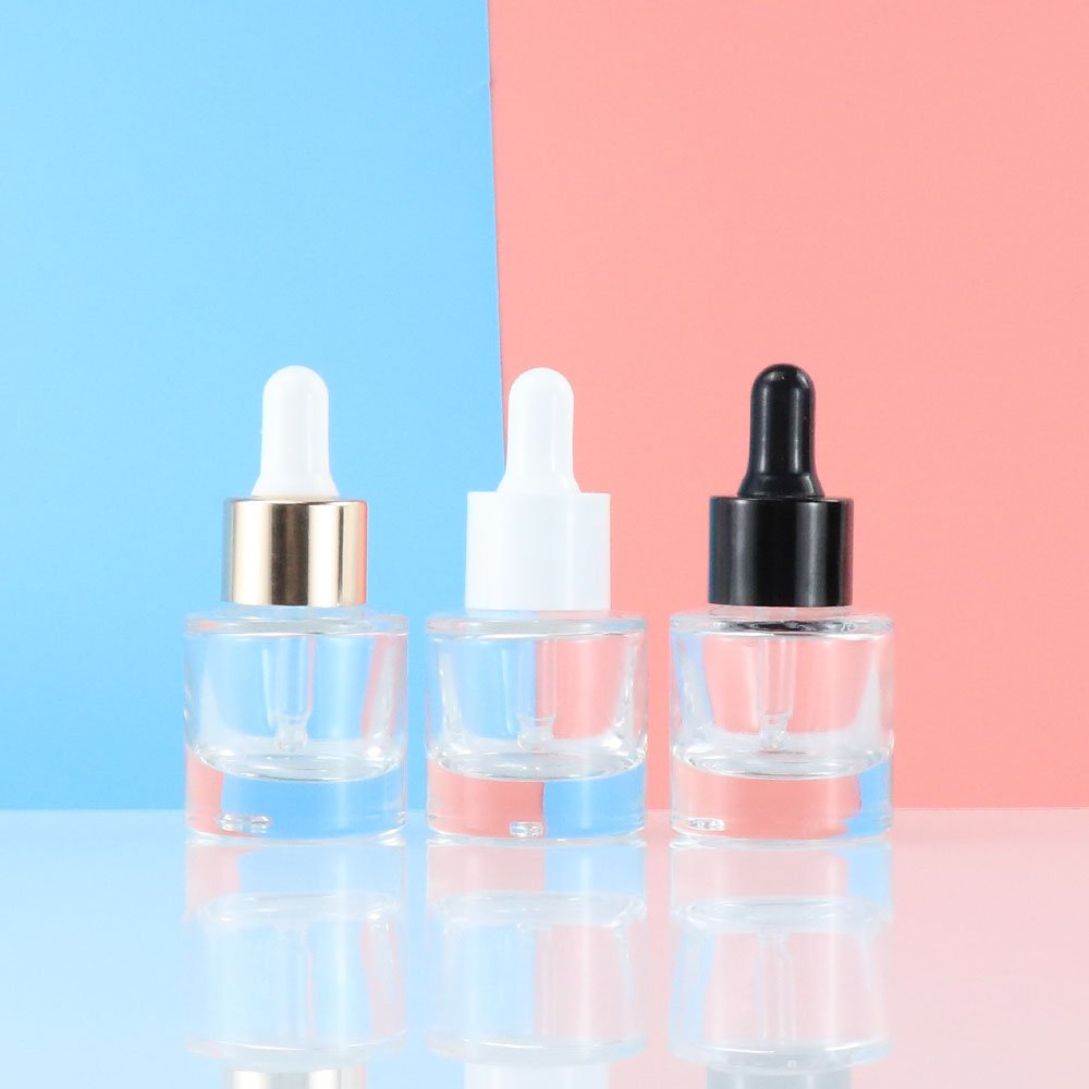 Wholesale 30ml transparent matte cosmetic flat shoulder eye serum dropper glass bottle set with white dropper lid