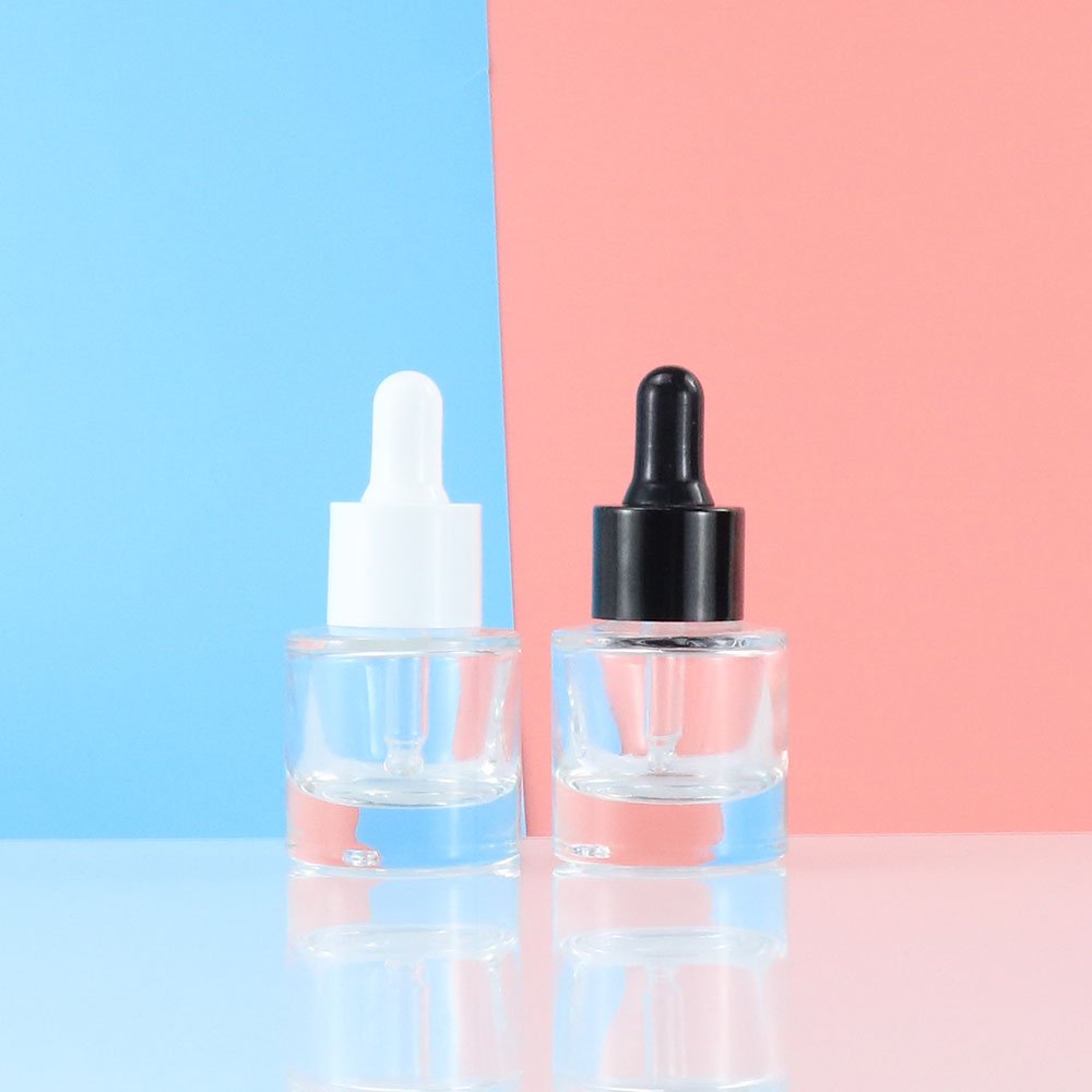 Wholesale 30ml transparent matte cosmetic flat shoulder eye serum dropper glass bottle set with white dropper lid